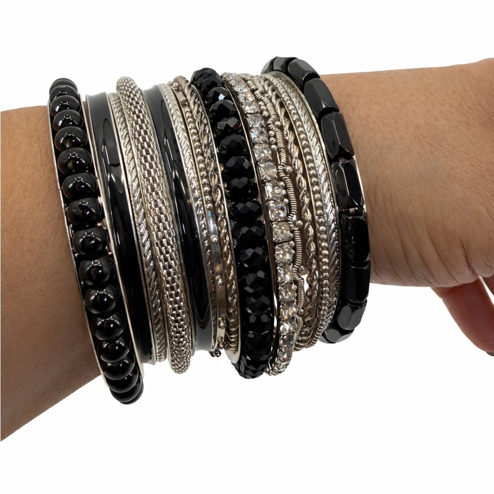 Black-Silver Multi-Layer Bracelet Stack Rhineston… - image 1